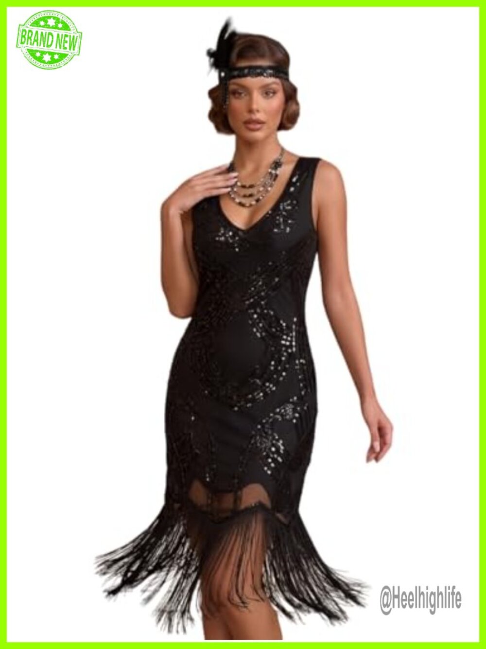 1920s Gatsby Sequin Beaded Fringed Flapper Dress V Neck Sleeveless